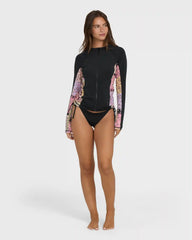 Dreamy Daze Zip Front Long Sleeve Rashguard - Black Pebble