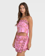 Sun Faded Yarn-Dyed Wrap Mini Skirt - Party Pink